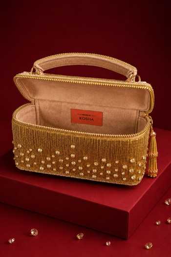 House Of Kosha Gold Cally Suede Embroidered Vanity Bag Online at Aza Fashions House Of Kosha_Gold Cally Suede Embroidered Vanity Bag _Online_at_Aza_Fashions