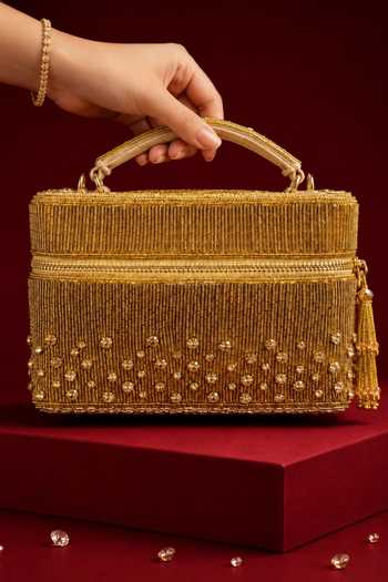 House Of Kosha Cally Gold Suede Embroidered Vanity Bag 