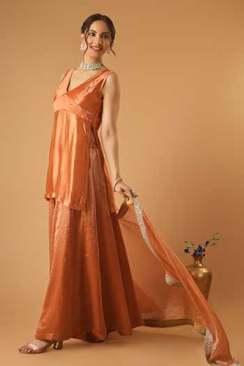 Vinusto Orange Silk, Chanderi V-neck Zari Embroidered Kurta Sharara Set Online at Aza Fashions Vinusto_Orange Silk, Chanderi V-neck Zari Embroidered Kurta Sharara Set _Online_at_Aza_Fashions