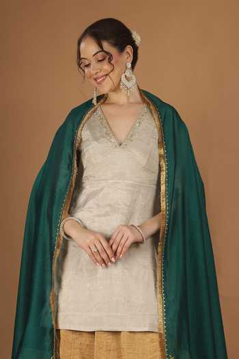 Shop_Vinusto_Silver Silk, Chanderi V-neck, Yes Zardozi Embroidered Kurta Sharara Set _Online_at_Aza_Fashions