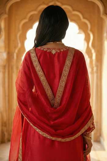 Shop Vinusto Red Chanderi, Tissue Split V-neck, Yes Embroidered Kurta Sharara Set at Aza Fashions Shop_Vinusto_Red Chanderi, Tissue Split V-neck, Yes Embroidered Kurta Sharara Set _at_Aza_Fashions