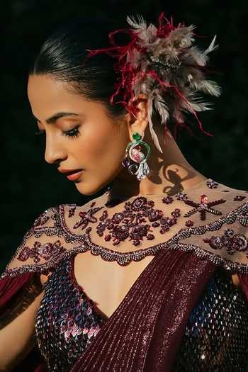 Born Flash Red Crimson Feather Bloom Hair Accessory Online at Aza Fashions Born Flash_Red Crimson Feather Bloom Hair Accessory _Online_at_Aza_Fashions