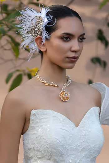 Born Flash White Beads, Crystals, Rhinestones, Feathers Silver Mist Bloom Hair Band Online at Aza Fashions Born Flash_White Beads, Crystals, Rhinestones, Feathers Silver Mist Bloom Hair Band _Online_at_Aza_Fashions