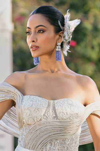 Shop Born Flash White Beads, Crystals, Rhinestones, Feathers Silver Mist Bloom Hair Band Online at Aza Fashions Shop_Born Flash_White Beads, Crystals, Rhinestones, Feathers Silver Mist Bloom Hair Band _Online_at_Aza_Fashions