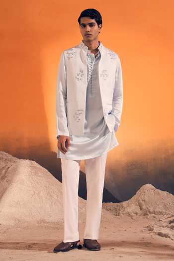 Shop_Philocaly_Off White Silk Satin Sutr Mirror Work Nehru Jacket And Kurta Set _Online_at_Aza_Fashions