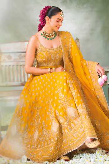 Buy_Sheetal Batra_Yellow , Chanderi, Organza Afraa Embroidered Anarkali Palazzo Set 
