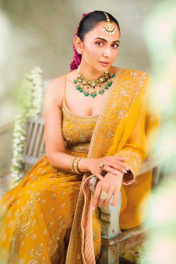 Shop_Sheetal Batra_Yellow , Chanderi, Organza Afraa Embroidered Anarkali Palazzo Set 