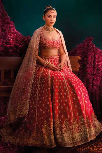 Shop Sheetal Batra Pink , Organza Scoop Neck Noorbano Embroidered Raw Lehenga Set Shop_Sheetal Batra_Pink , Organza Scoop Neck Noorbano Embroidered Raw Lehenga Set