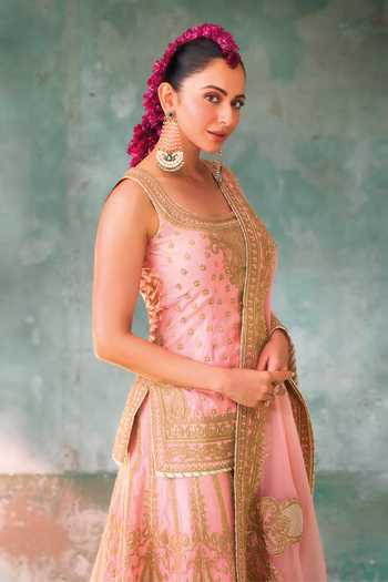 Shop Sheetal Batra Pink , Chanderi, Organza Tasnim Embroidered Short Kurta Sharara Set Shop_Sheetal Batra_Pink , Chanderi, Organza Tasnim Embroidered Short Kurta Sharara Set