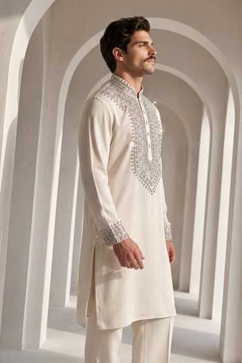 Buy_Amit Arora_Cream Knit Placket Embroidered Kurta Set _Online_at_Aza_Fashions