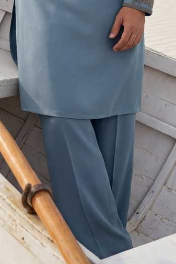 Amit Arora_Blue Knit Placket Embroidered Kurta And Palazzo Set _Online_at_Aza_Fashions