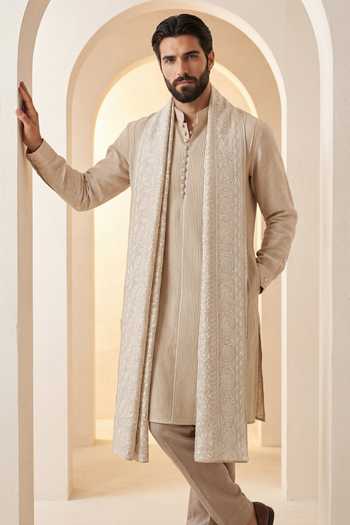 Buy_Amit Arora_Beige Linen Pintuck Kurta Set _Online_at_Aza_Fashions