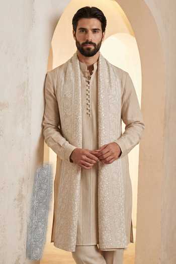 Amit Arora_Beige Linen Pintuck Kurta Set _at_Aza_Fashions