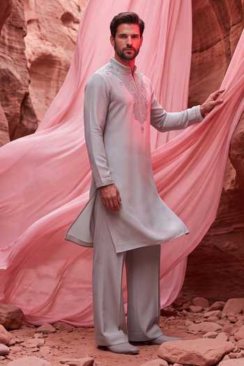 Amit Arora_Beige Knit Embroidered Kurta Set _at_Aza_Fashions