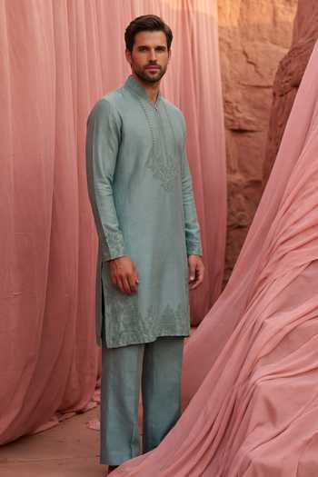 Amit Arora Green Chanderi Silk Embroidered Kurta And Pant Set Online at Aza Fashions Amit Arora_Green Chanderi Silk Embroidered Kurta And Pant Set _Online_at_Aza_Fashions