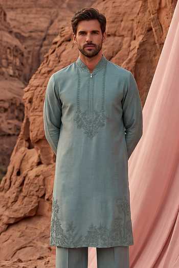 Buy Amit Arora Green Chanderi Silk Embroidered Kurta And Pant Set Online at Aza Fashions Buy_Amit Arora_Green Chanderi Silk Embroidered Kurta And Pant Set _Online_at_Aza_Fashions