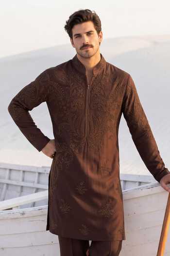 Amit Arora Brown Silk, Bamboo Embroidered Kurta And Pant Set Online at Aza Fashions Amit Arora_Brown Silk, Bamboo Embroidered Kurta And Pant Set _Online_at_Aza_Fashions