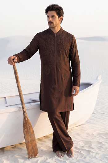 Buy_Amit Arora_Brown Silk, Bamboo Embroidered Kurta And Pant Set _Online_at_Aza_Fashions