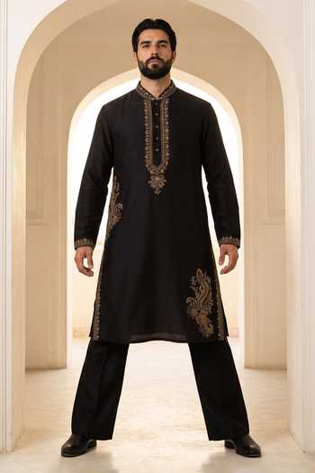 Shop Amit Arora Black Chanderi Silk Kurta And Pant Set Online at Aza Fashions Shop_Amit Arora_Black Chanderi Silk Kurta And Pant Set _Online_at_Aza_Fashions
