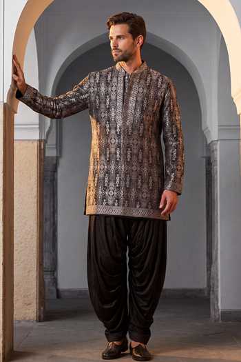 Shop Amit Arora Black Silk, Cotton, Modal Embroidered Kurta And Salwar Set at Aza Fashions Shop_Amit Arora_Black Silk, Cotton, Modal Embroidered Kurta And Salwar Set _at_Aza_Fashions