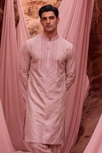 Buy_Amit Arora_Pink Chanderi Silk Kurta And Pant Set _Online_at_Aza_Fashions