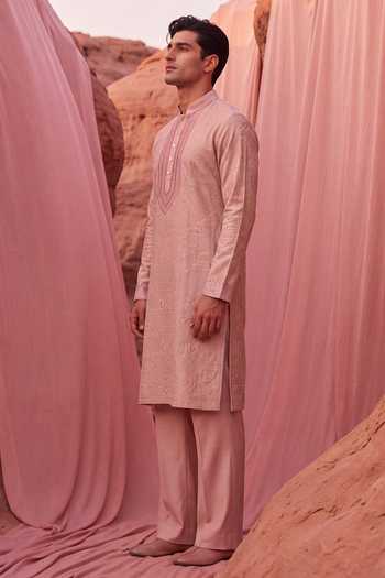 Shop_Amit Arora_Pink Chanderi Silk Kurta And Pant Set _Online_at_Aza_Fashions