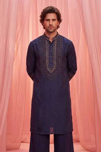 Amit Arora Blue Chanderi Silk Kurta And Pant Set Online at Aza Fashions Amit Arora_Blue Chanderi Silk Kurta And Pant Set _Online_at_Aza_Fashions