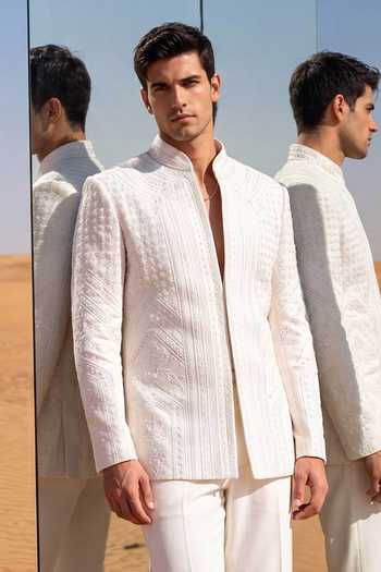 Buy_Amit Arora_Ivory Knit Embroidery Geometric Bandhgala Set _Online_at_Aza_Fashions