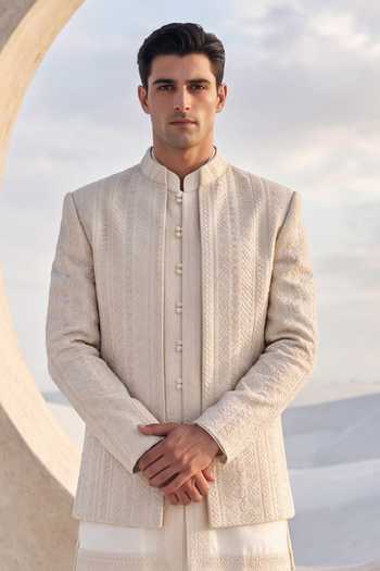 Amit Arora_Cream Silk, Knit Embroidered Jacket And Kurta Set _Online_at_Aza_Fashions