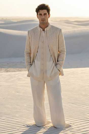 Shop_Amit Arora_Cream Silk, Knit Embroidered Jacket And Kurta Set _Online_at_Aza_Fashions