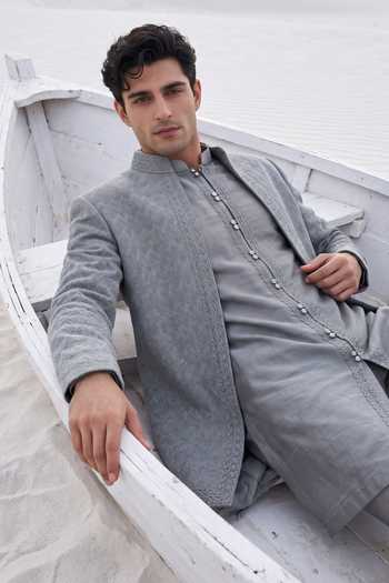 Amit Arora_Green Silk, Knit Embroidered Jacket And Kurta Set _Online_at_Aza_Fashions