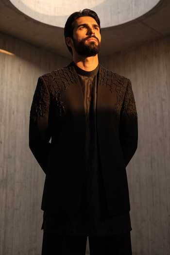 Buy_Amit Arora_Grey Knit, Silk Bead Work Jacket And Kurta Set _Online_at_Aza_Fashions