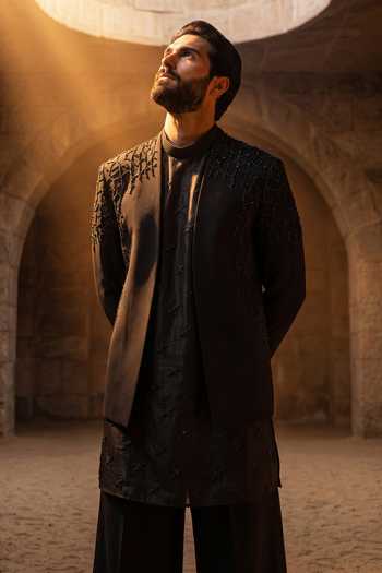 Shop_Amit Arora_Grey Knit, Silk Bead Work Jacket And Kurta Set _Online_at_Aza_Fashions