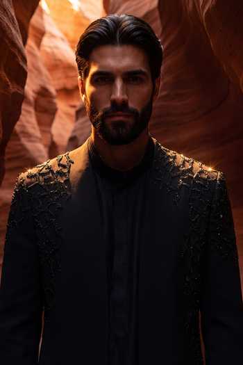 Amit Arora_Grey Knit, Silk Bead Work Jacket And Kurta Set _at_Aza_Fashions