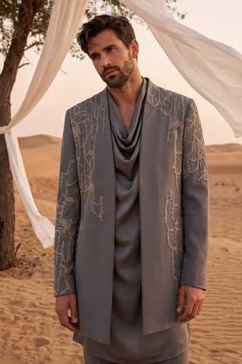 Buy_Amit Arora_Grey Knit Embroidered Jacket And Kurta Set _Online_at_Aza_Fashions
