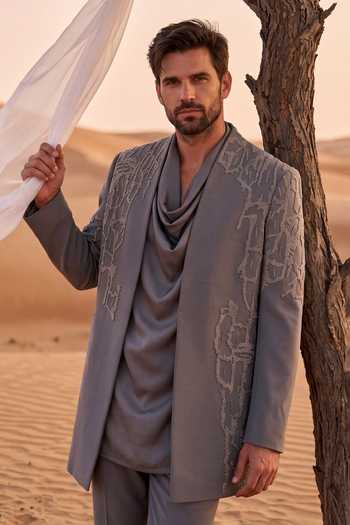 Shop_Amit Arora_Grey Knit Embroidered Jacket And Kurta Set _Online_at_Aza_Fashions