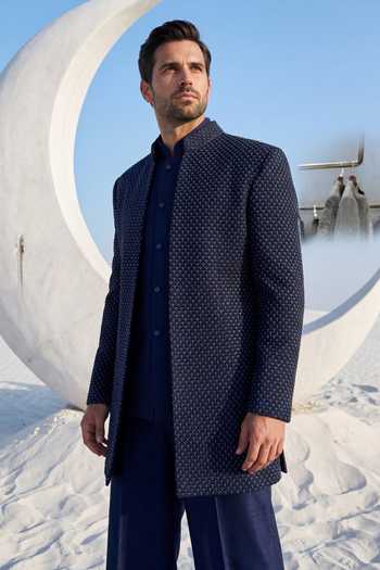Buy Amit Arora Blue Crepe, Silk, Knit Embroidered Jacket And Waistcoat Set Online at Aza Fashions Buy_Amit Arora_Blue Crepe, Silk, Knit Embroidered Jacket And Waistcoat Set _Online_at_Aza_Fashions