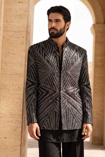 Buy Amit Arora Black Knit, Cotton, Modal Metallic Embroidered Jacket Set Online at Aza Fashions Buy_Amit Arora_Black Knit, Cotton, Modal Metallic Embroidered Jacket Set _Online_at_Aza_Fashions