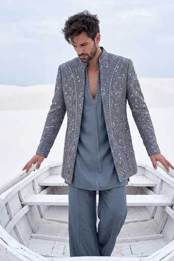 Buy Amit Arora Grey Knit, Cotton, Modal Embroidered Jacket Set Online at Aza Fashions Buy_Amit Arora_Grey Knit, Cotton, Modal Embroidered Jacket Set _Online_at_Aza_Fashions