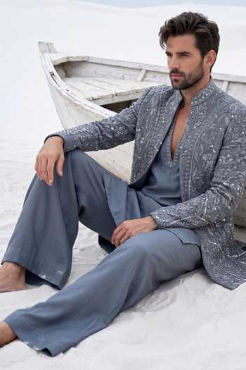 Shop Amit Arora Grey Knit, Cotton, Modal Embroidered Jacket Set Online at Aza Fashions Shop_Amit Arora_Grey Knit, Cotton, Modal Embroidered Jacket Set _Online_at_Aza_Fashions