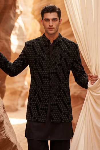 Buy_Amit Arora_Black Velvet, Cotton, Modal, Wool, Polyester Embroidered Jacket And Kurta Set _Online_at_Aza_Fashions