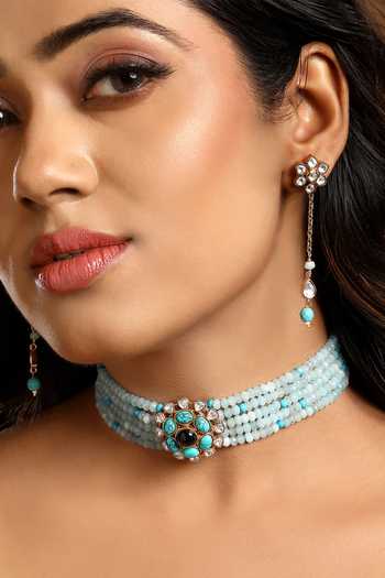 Shop Hrisha Blue Kundan Polki Embellished Choker Set Online at Aza Fashions Shop_Hrisha_Blue Kundan Polki Embellished Choker Set _Online_at_Aza_Fashions