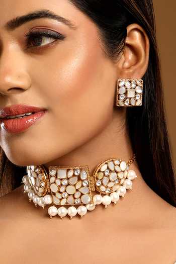 Shop Hrisha White Mother Of Pearl Embellished Choker Set Online at Aza Fashions Shop_Hrisha_White Mother Of Pearl Embellished Choker Set _Online_at_Aza_Fashions