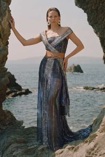 Nikita Mhaisalkar_Blue Georgette, Lurex Off-shoulder Galaxy Wrap Draped Dress _Online_at_Aza_Fashions