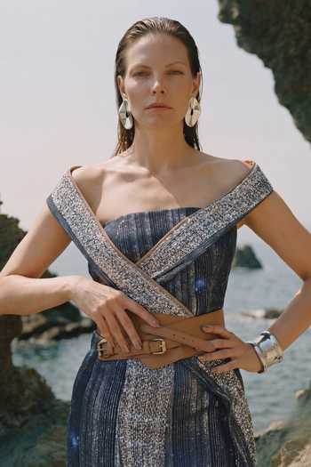 Buy_Nikita Mhaisalkar_Blue Georgette, Lurex Off-shoulder Galaxy Wrap Draped Dress _Online_at_Aza_Fashions