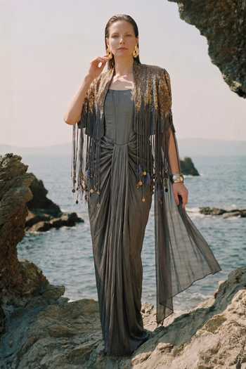 Nikita Mhaisalkar Draped Corset Saree Gown With Cape