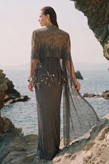 Nikita Mhaisalkar Draped Corset Saree Gown With Cape