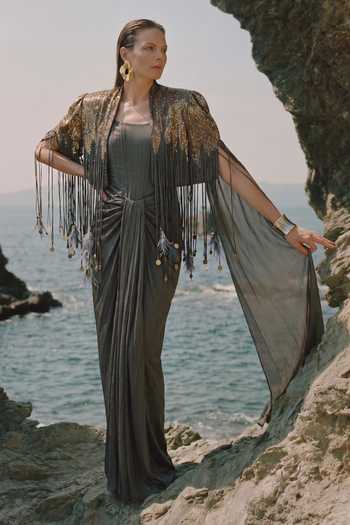 Nikita Mhaisalkar Grey Silk Satin, Suiting Draped Corset Saree Gown With Cape Online at Aza Fashions Nikita Mhaisalkar_Grey Silk Satin, Suiting Draped Corset Saree Gown With Cape _Online_at_Aza_Fashions