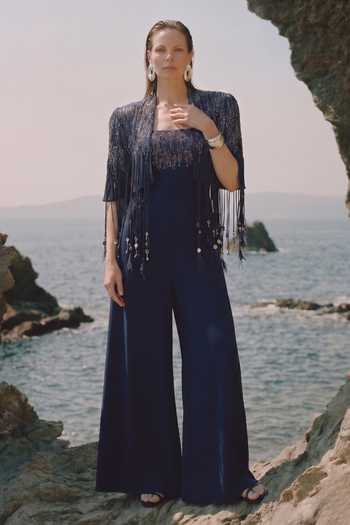 Nikita Mhaisalkar_Blue Suiting Square Neck Meteor Embroidered Jumpsuit With Cape _Online_at_Aza_Fashions