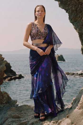 Nikita Mhaisalkar Galaxy Print Ruffle Saree With Blouse